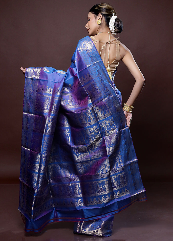 Blue Baluchari Pure Silk Saree Without Blouse Piece - Indian Silk House Agencies