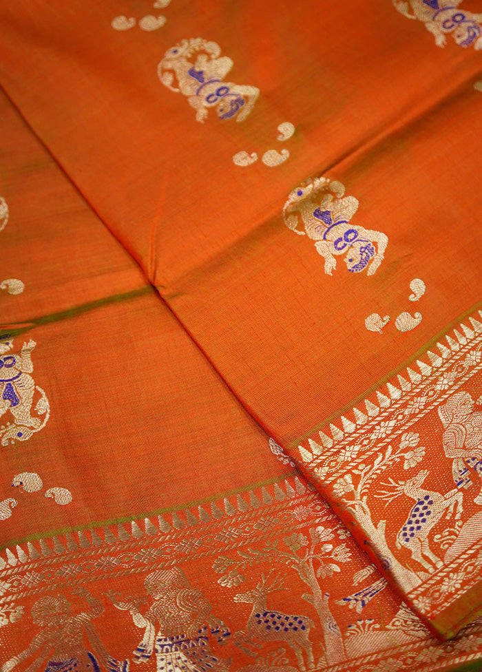 Orange Baluchari Pure Silk Saree Without Blouse Piece - Indian Silk House Agencies