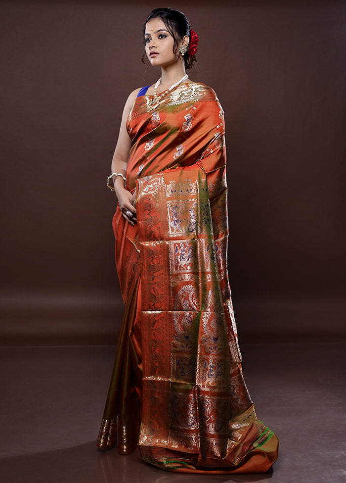 Orange Baluchari Pure Silk Saree Without Blouse Piece - Indian Silk House Agencies