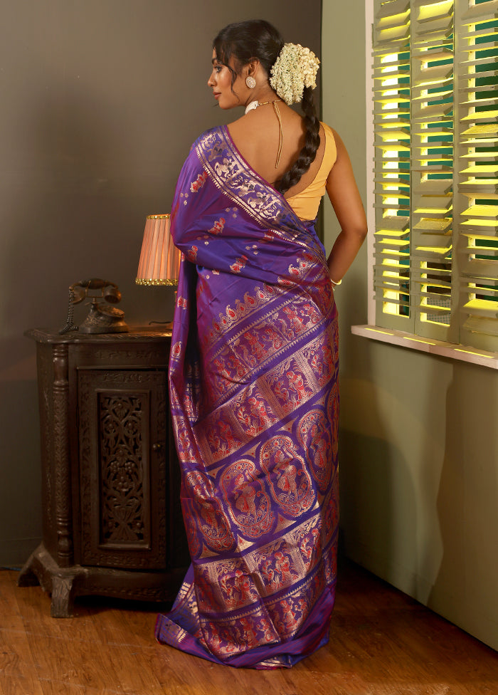 Purple Baluchari Pure Silk Saree With Blouse Piece - Indian Silk House Agencies