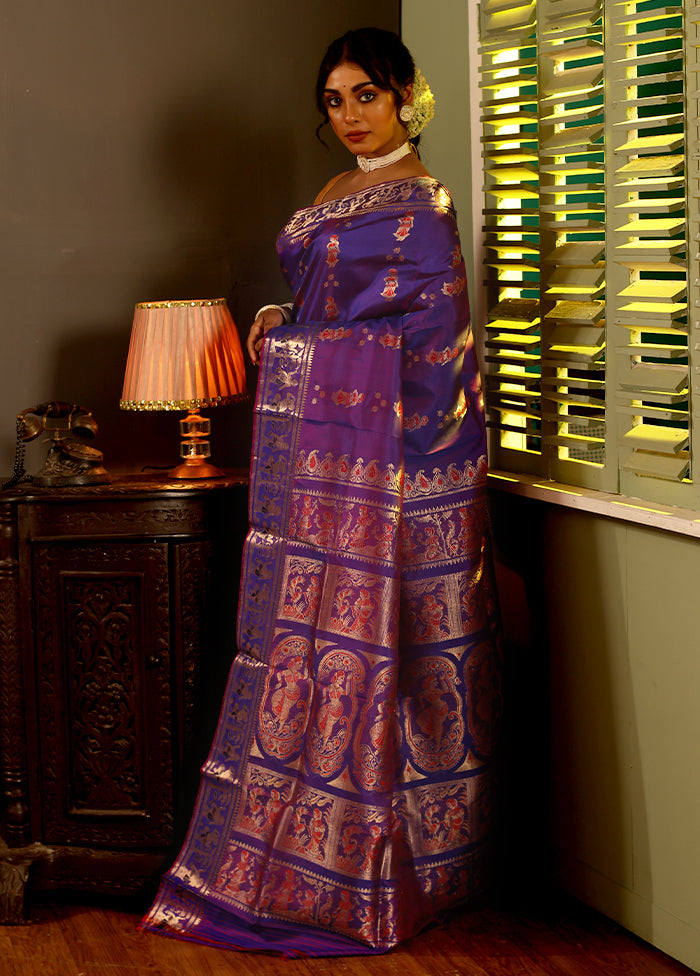 Purple Baluchari Pure Silk Saree With Blouse Piece - Indian Silk House Agencies