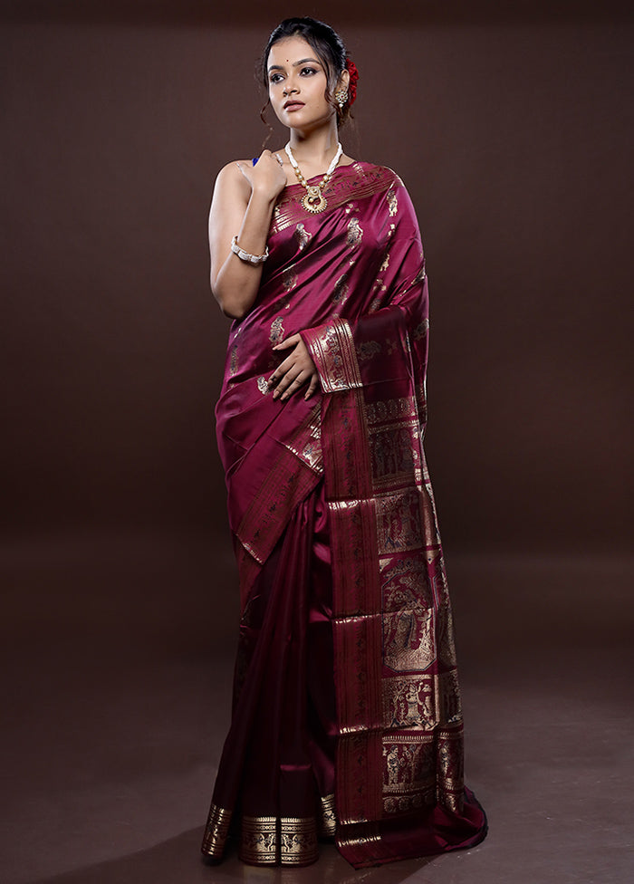 Purple Baluchari Pure Silk Saree Without Blouse Piece - Indian Silk House Agencies