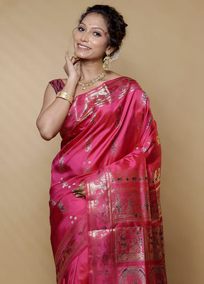 Pink Handloom Baluchari Pure Silk Saree With Blouse Piece