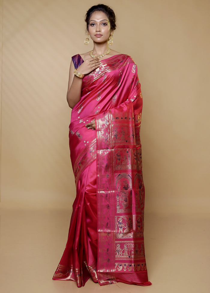 Pink Handloom Baluchari Pure Silk Saree With Blouse Piece