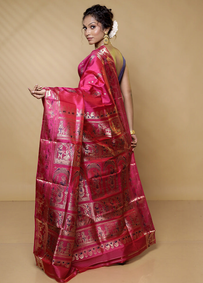 Pink Handloom Baluchari Pure Silk Saree With Blouse Piece