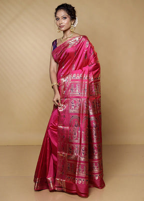 Pink Handloom Baluchari Pure Silk Saree With Blouse Piece