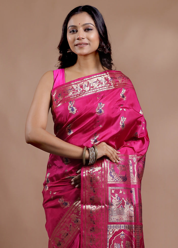 Pink Baluchari Pure Silk Saree With Blouse Piece - Indian Silk House Agencies