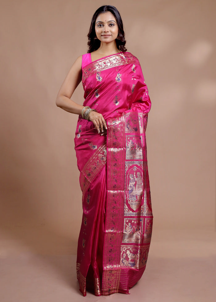 Pink Baluchari Pure Silk Saree With Blouse Piece - Indian Silk House Agencies