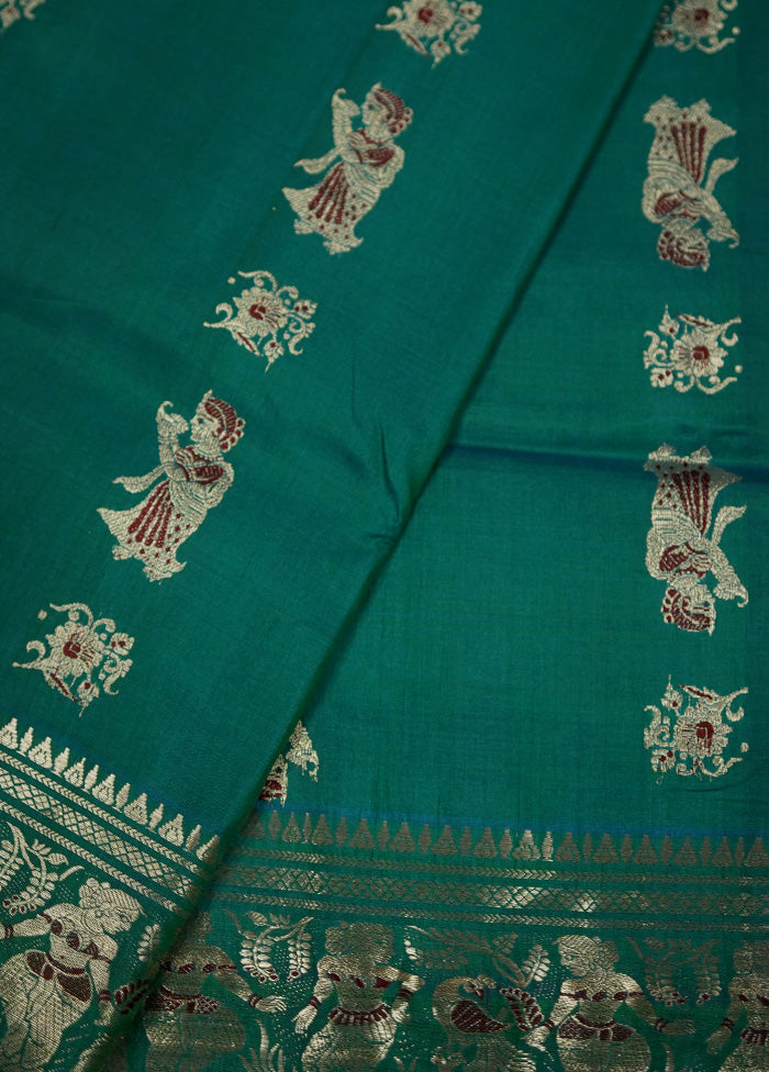 Green Baluchari Pure Silk Saree With Blouse Piece - Indian Silk House Agencies