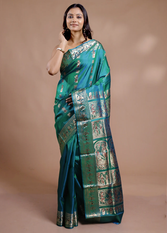 Green Baluchari Pure Silk Saree With Blouse Piece - Indian Silk House Agencies