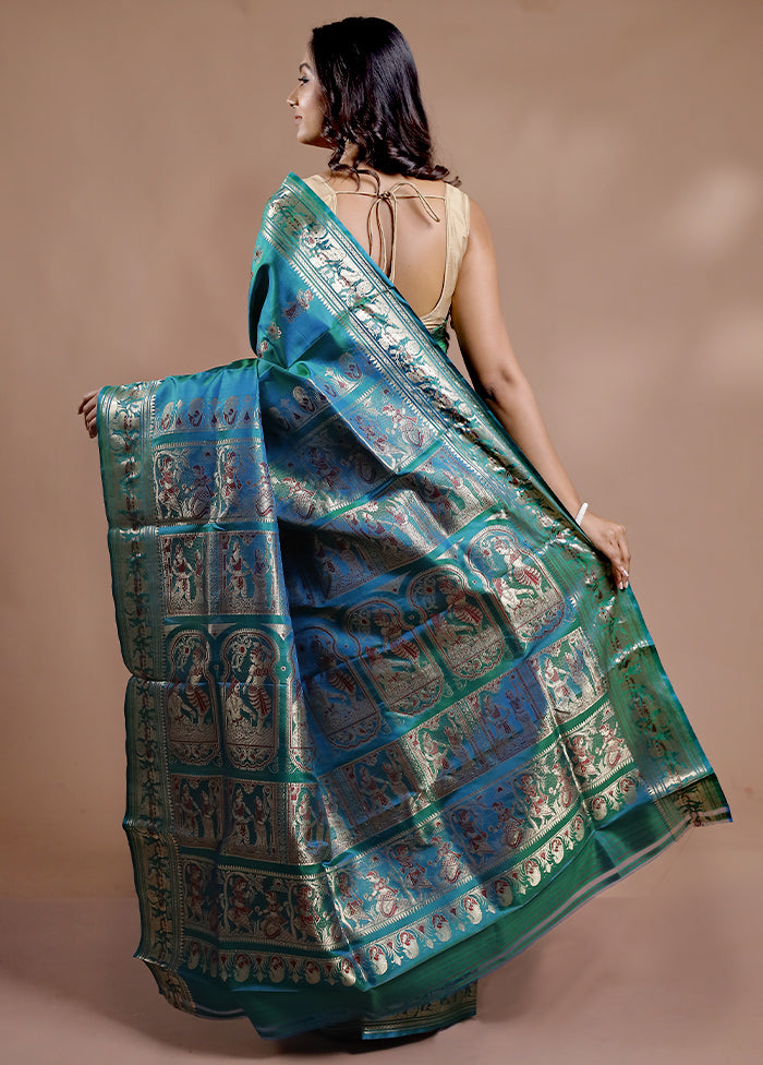 Green Baluchari Pure Silk Saree With Blouse Piece - Indian Silk House Agencies