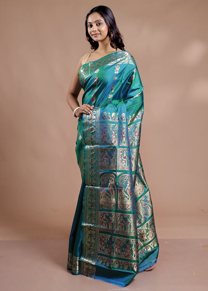 Green Baluchari Pure Silk Saree With Blouse Piece - Indian Silk House Agencies