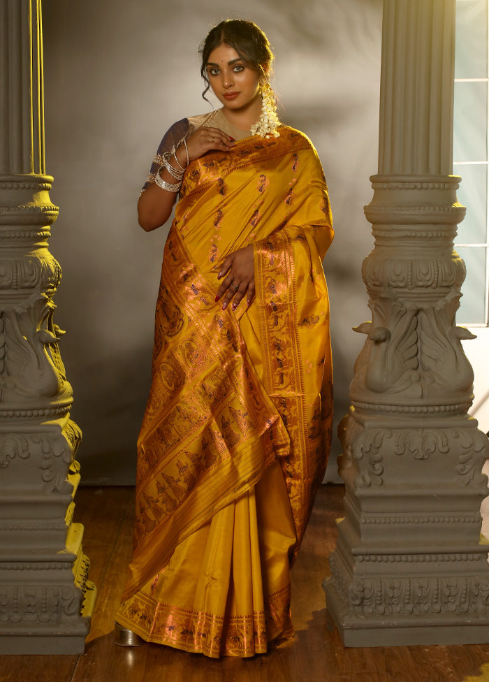 Yellow Baluchari Pure Silk Saree With Blouse Piece - Indian Silk House Agencies