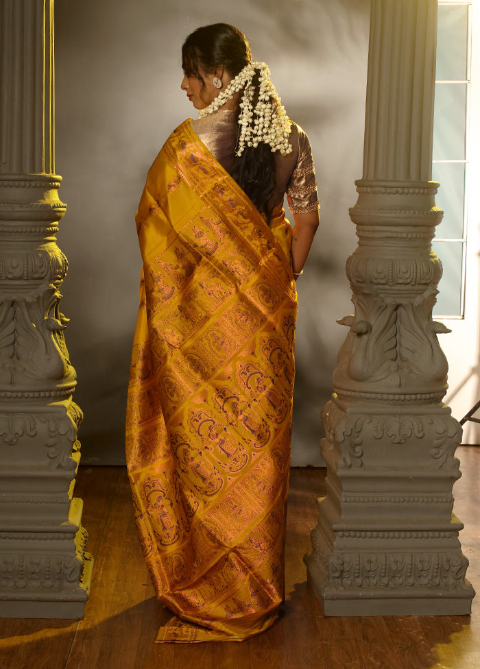 Yellow Baluchari Pure Silk Saree With Blouse Piece - Indian Silk House Agencies