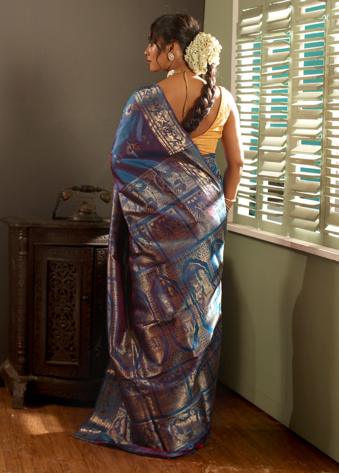 Purple Baluchari Pure Silk Saree With Blouse Piece - Indian Silk House Agencies