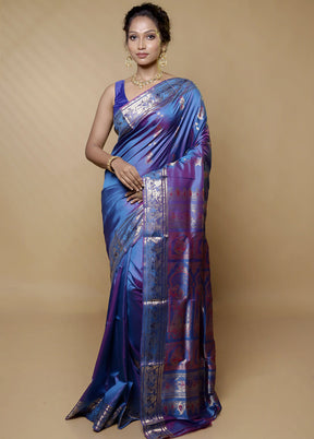 Purple Handloom Baluchari Pure Silk Saree With Blouse Piece