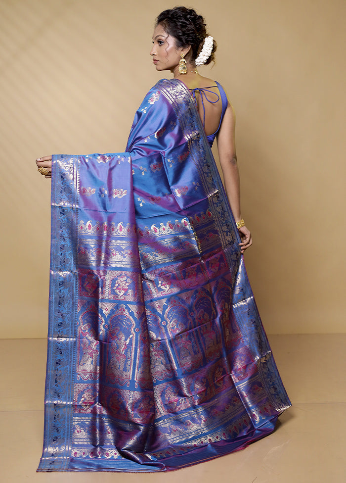 Purple Handloom Baluchari Pure Silk Saree With Blouse Piece