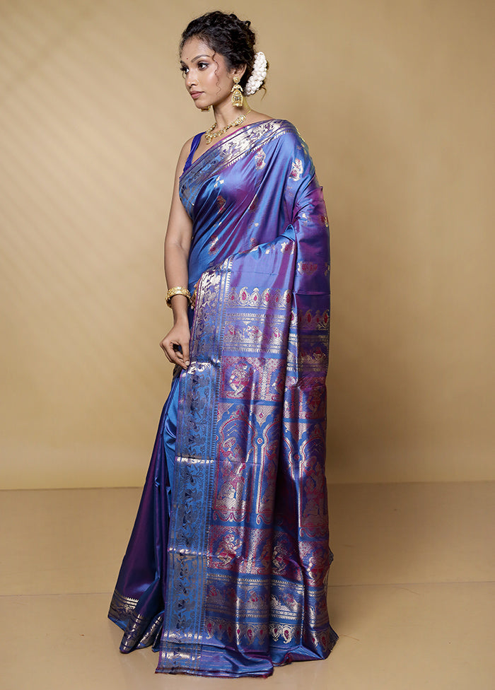 Purple Handloom Baluchari Pure Silk Saree With Blouse Piece