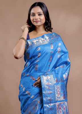 Blue Baluchari Pure Silk Saree With Blouse Piece - Indian Silk House Agencies