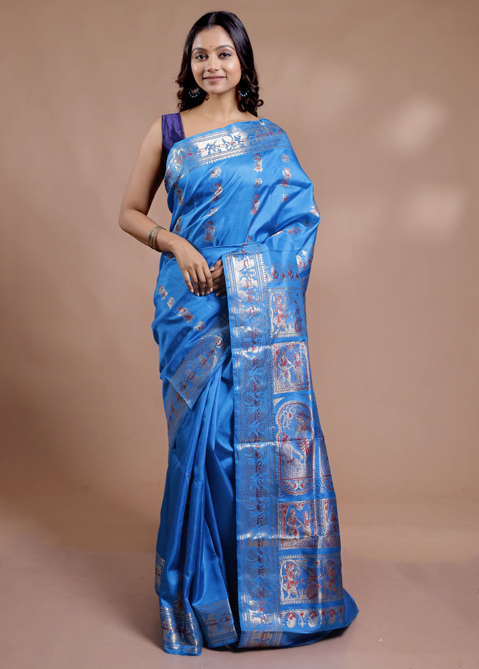 Blue Baluchari Pure Silk Saree With Blouse Piece - Indian Silk House Agencies