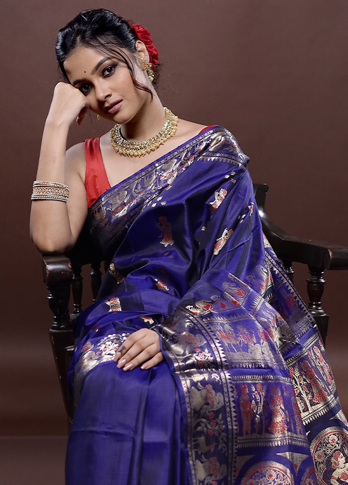 Blue Baluchari Pure Silk Saree Without Blouse Piece - Indian Silk House Agencies