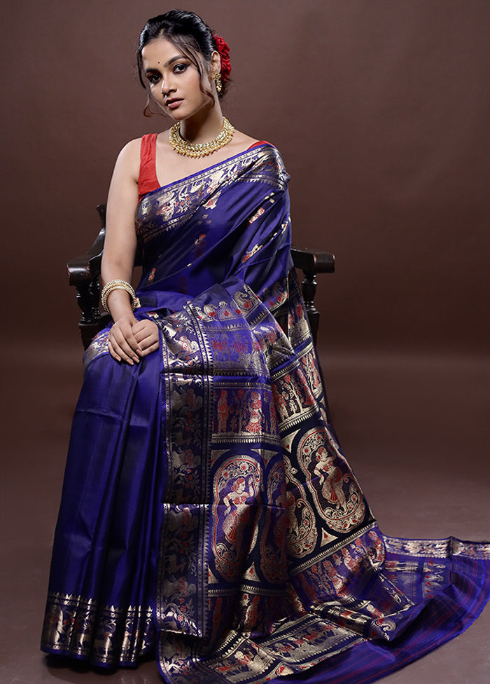 Blue Baluchari Pure Silk Saree Without Blouse Piece - Indian Silk House Agencies