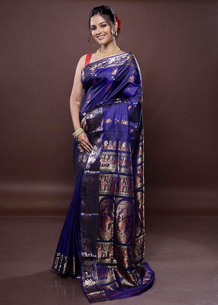 Blue Baluchari Pure Silk Saree Without Blouse Piece - Indian Silk House Agencies