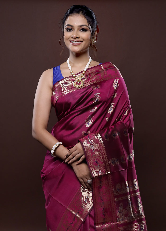 Purple Baluchari Pure Silk Saree Without Blouse Piece - Indian Silk House Agencies