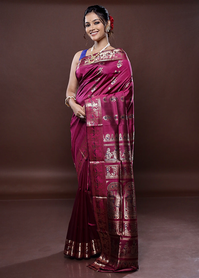 Purple Baluchari Pure Silk Saree Without Blouse Piece - Indian Silk House Agencies