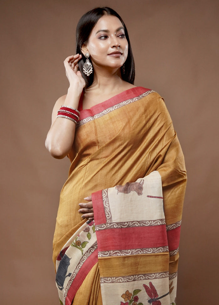 Cream Tussar Silk Saree With Blouse Piece - Indian Silk House Agencies