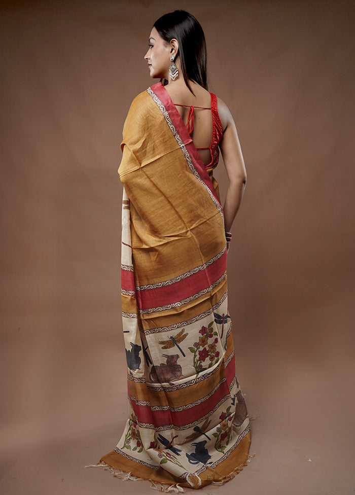 Cream Tussar Silk Saree With Blouse Piece - Indian Silk House Agencies