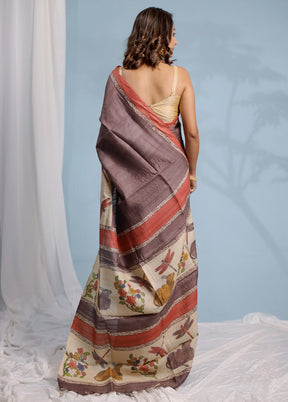 Cream Tussar Silk Saree With Blouse Piece - Indian Silk House Agencies