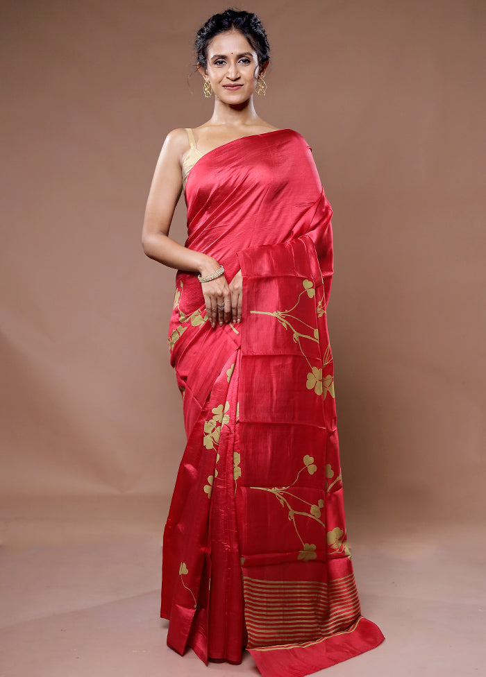 Red Tussar Silk Saree With Blouse Piece - Indian Silk House Agencies