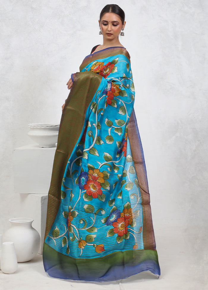 Blue Tussar Silk Saree With Blouse Piece