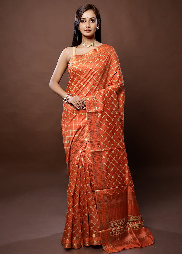 Orange Tussar Silk Saree With Blouse Piece