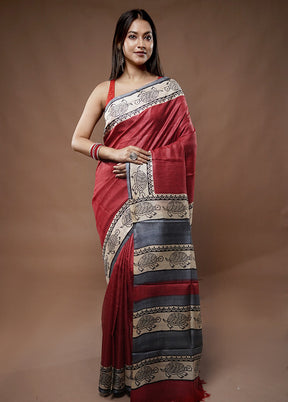 Red Tussar Silk Saree With Blouse Piece - Indian Silk House Agencies