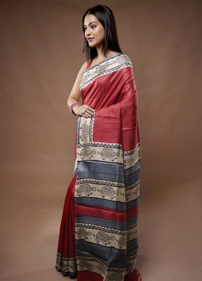 Red Tussar Silk Saree With Blouse Piece - Indian Silk House Agencies