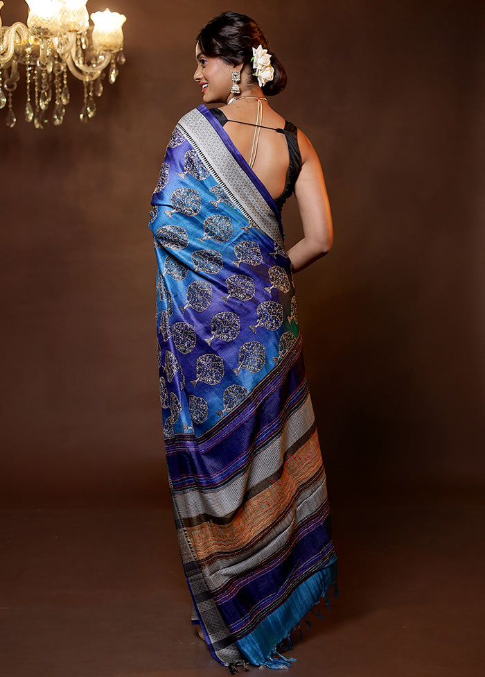 Blue Tussar Silk Saree With Blouse Piece