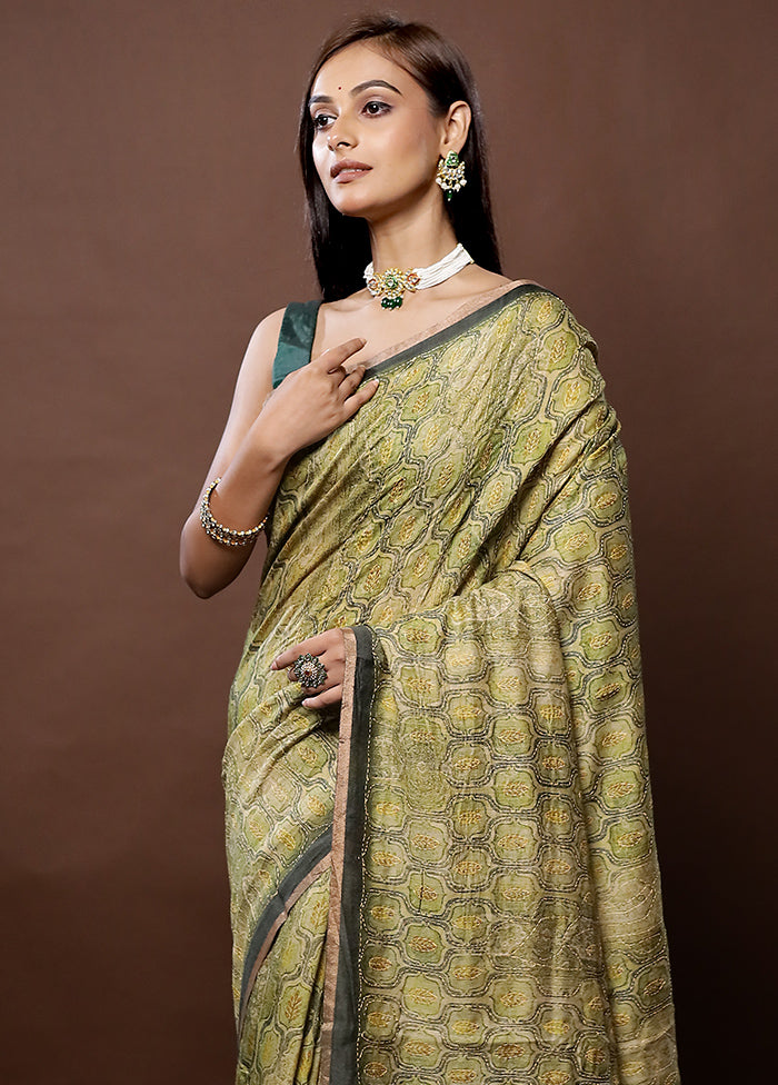 Green Tussar Silk Saree With Blouse Piece