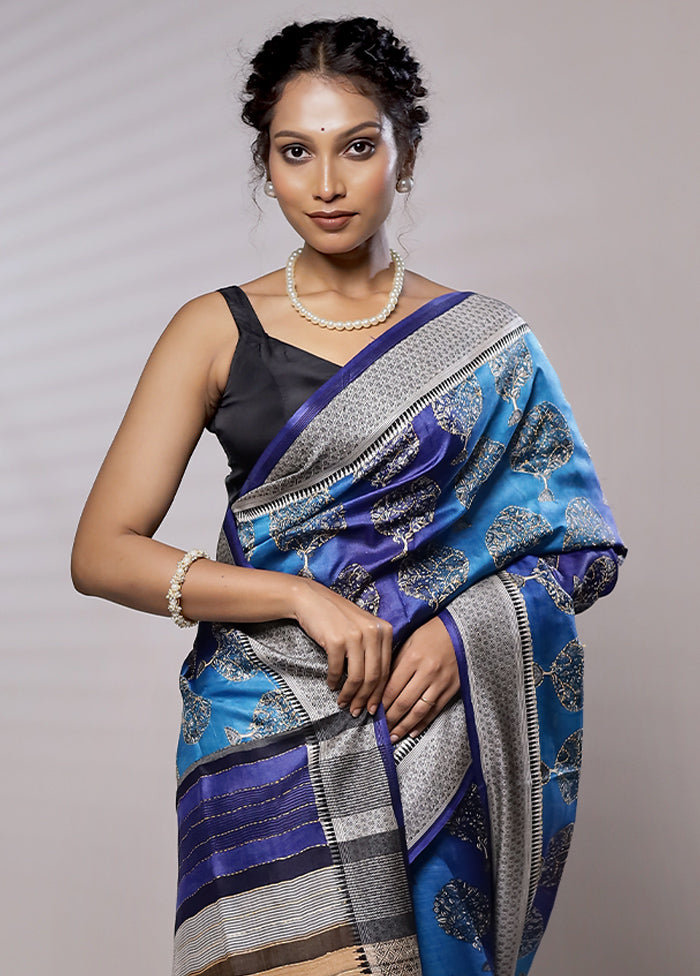 Blue Tussar Silk Saree With Blouse Piece