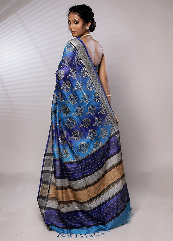 Blue Tussar Silk Saree With Blouse Piece