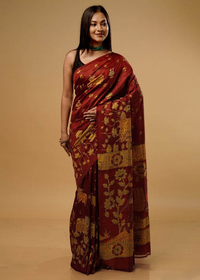 Maroon Tussar Silk Saree With Blouse Piece - Indian Silk House Agencies