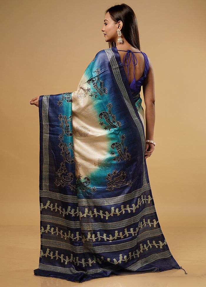 Cream Tussar Silk Saree With Blouse Piece - Indian Silk House Agencies