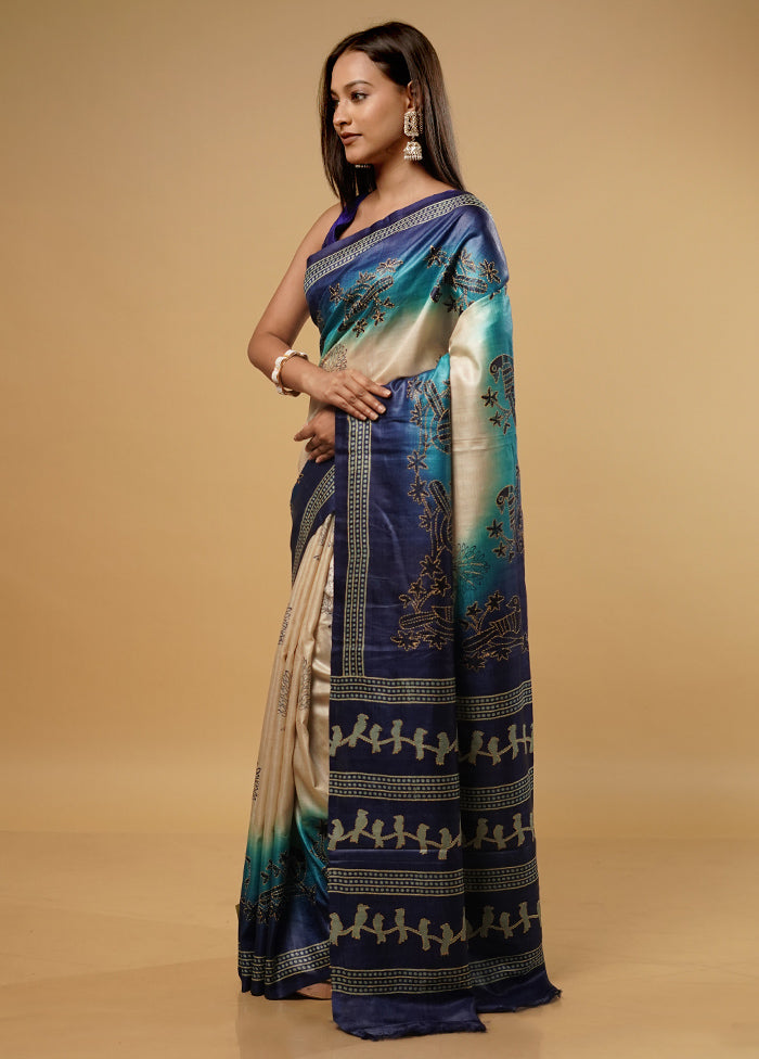 Cream Tussar Silk Saree With Blouse Piece - Indian Silk House Agencies