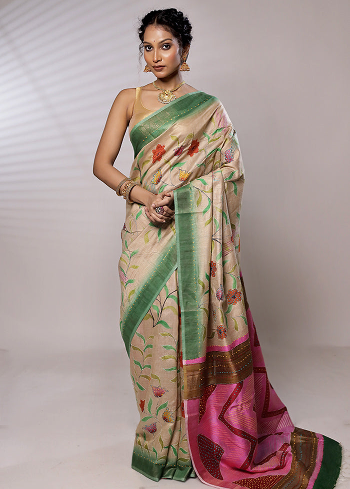 Cream Tussar Silk Saree With Blouse Piece