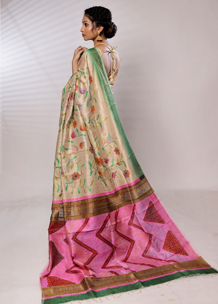 Cream Tussar Silk Saree With Blouse Piece