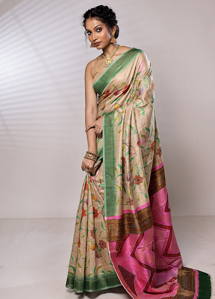 Cream Tussar Silk Saree With Blouse Piece