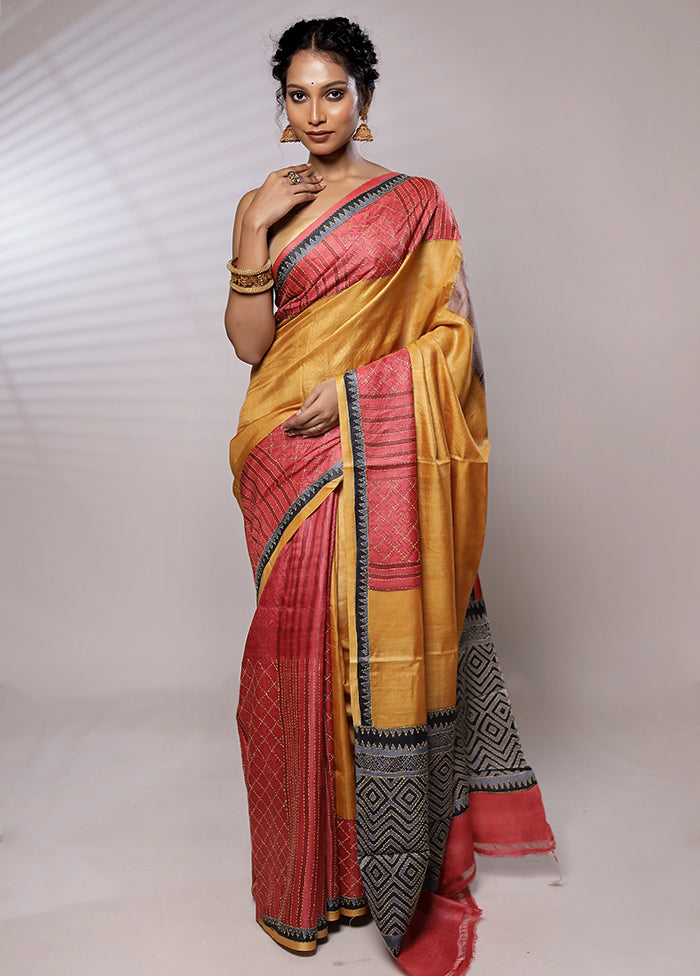 Yellow Tussar Silk Saree With Blouse Piece