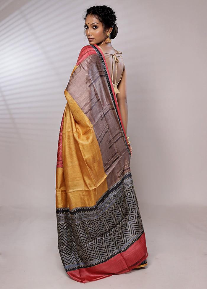 Yellow Tussar Silk Saree With Blouse Piece