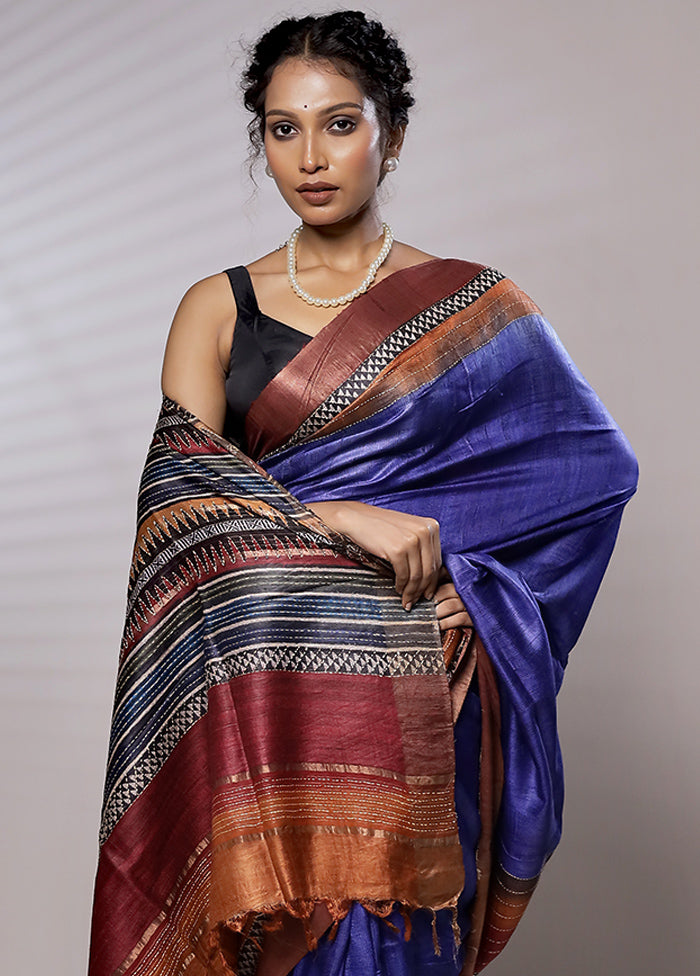 Blue Tussar Silk Saree With Blouse Piece